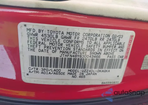 2003 Lexus Sc 430 z USA, uszkodzony, nr VIN JTHFN48Y630043466